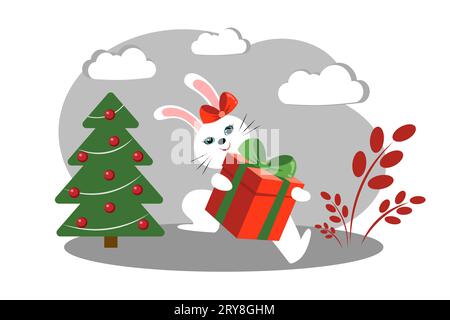 Kaninchen mit einem Geschenk. Frohe Weihnachten Stock Vektor