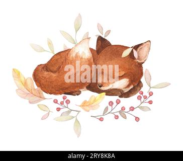 Little Fox Watercolor, Herbst Wreath Clip Art, Herbst Baby Card, vorgefertigte Komposition Stockfoto