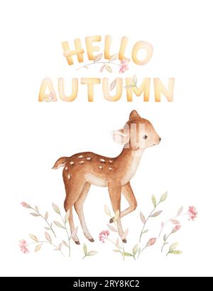 Hallo Herbst, Babykartenbeschriftung, Little Deer Watercolor, Red Rowan Watercolor, Weißer Hintergrund Stockfoto