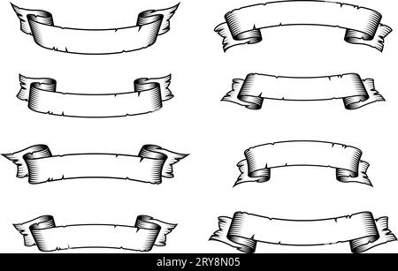 Stilvolle einfache breite Vintage Tattoo Band Banner Set zerrissen und zerrissene fließende Rolle leere Linienstruktur Kontur Vektor isoliert auf weißem Hintergrund Stock Vektor