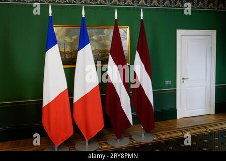 RIGA, Lettland. September 2023 29. Der lettische Präsident Edgars Rinkevics trifft sich mit Catherine Colonna, der französischen Ministerin für Europa und auswärtige Angelegenheiten. Quelle: Gints Ivuskans/Alamy Live News Stockfoto