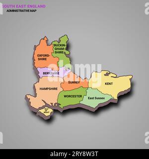 3D Rendering hochwertige Umrisskarte von Südostengland ist eine Region Englands, mit Grenzen der zeremoniellen Grafschaften und verschiedenen Farben. Stockfoto