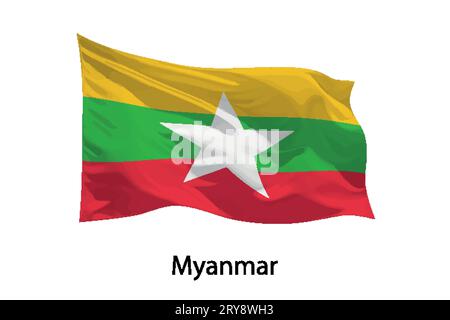 3D realistische wehende Flagge von Myanmar isoliert. Vorlage für Plakatgestaltung Stock Vektor