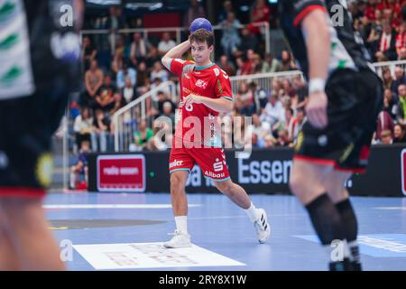 Essen, Deutschland. September 2023 29. 29.09.2023, Handball, Saison 2023/2024, 2. Bundesliga, HBL, Moly HBL, 5. Spieltag, TUSEM Essen - TuS N Lübbecke, Nils Homscheid (TuSEM Essen), Foto: Dennis Ewert/RHR-FOTO/dpa/Alamy Live News Stockfoto