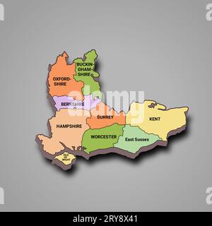 3D Rendering hochwertige Umrisskarte von Südostengland ist eine Region Englands, mit Grenzen der zeremoniellen Grafschaften und verschiedenen Farben. Stockfoto