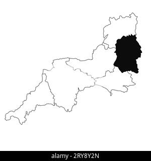 Karte von Wiltshire in der Provinz Südwestengland auf weißem Hintergrund. Single County Karte mit schwarzer Farbmarkierung auf South West England administrativ Stockfoto
