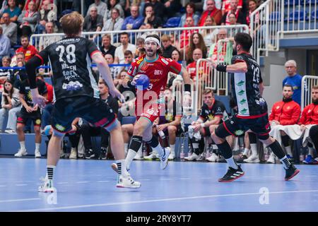 Essen, Deutschland. September 2023 29. 29.09.2023, Handball, Saison 2023/2024, 2. Bundesliga, HBL, Moly HBL, 5. Spieltag, TUSEM Essen - TuS N Lübbecke, Julius Rose (TuSEM Essen), Foto: Dennis Ewert/RHR-FOTO/dpa/Alamy Live News Stockfoto