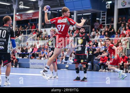 Essen, Deutschland. September 2023 29. 29.09.2023, Handball, Saison 2023/2024, 2. Bundesliga, HBL, Moly HBL, 5. Spieltag, TUSEM Essen - TuS N Lübbecke, Alexander Schoss (TuSEM Essen), Foto: Dennis Ewert/RHR-FOTO/dpa/Alamy Live News Stockfoto