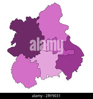 Die lila Karte von West Midlands England ist eine Region Englands, mit Grenzen der zeremoniellen Grafschaften und verschiedenen Farben. Stockfoto