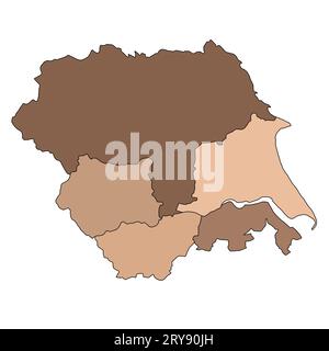 Die braune Karte von Yorkshire und Humber ist eine Region Englands, mit Grenzen der zeremoniellen Grafschaften und verschiedenen Farben. Stockfoto