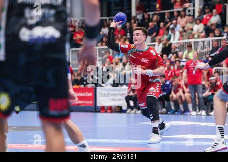 Essen, Deutschland. September 2023 29. 29.09.2023, Handball, Saison 2023/2024, 2. Bundesliga, HBL, Moly HBL, 5. Spieltag, TUSEM Essen - TuS N Lübbecke, Max Neuhaus (TuSEM Essen), Foto: Dennis Ewert/RHR-FOTO/dpa/Alamy Live News Stockfoto