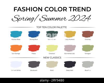 Fashion Color Trend Frühjahr – Sommer 2024. Leitfaden für die trendige Farbpalette. Pinselstriche der Farbe mit Farbfeldern für Namen. Leicht zu bearbeitende Vektorvorlage Stock Vektor