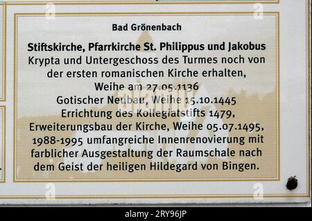 Info-Schild, römisch-katholische Stiftskirche St. Philipp und St. Jakob, die heutige Pfarrkirche ist denkmalgeschützt in Bad Groenenbach, Bayern Stockfoto