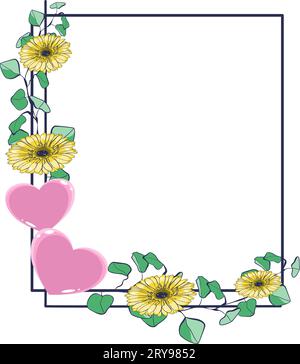 Blumenrahmen mit Herzen, Eukalyptusblättern und Gerbera-Blüten. Vektorillustration Stock Vektor