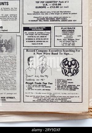 Werbespot für ROUGH TRADE Records in der 1970er-Ausgabe des NME New Musical Express Music Paper Stockfoto