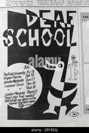 Werbespot für Gruppenkonzerte der Deaf School in der Ausgabe von NME New Musical Express Music Paper in den 1970er Jahren Stockfoto