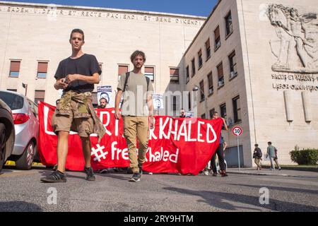 Rom, Italien. September 2023 28. Demonstration an der Universität La Sapienza in Rom, organisiert von Studenten, um die Freilassung von Khaled El Qaisi zu fordern (Foto: Matteo Nardone/Pacific Press) Credit: Pacific Press Media Production Corp./Alamy Live News Stockfoto