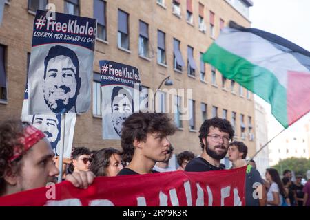 Rom, Italien. September 2023 28. Demonstration innerhalb der La Sapienza University of Rome, organisiert von Universitätsstudenten, um die Freilassung von Khaled El Qaisi zu beantragen (Foto: Matteo Nardone/Pacific Press/SIPA USA) Credit: SIPA USA/Alamy Live News Stockfoto