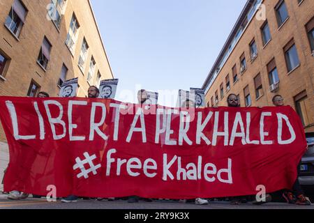 Rom, RM, Italien. September 2023 28. Demonstration in der La Sapienza Universität Rom, organisiert von Studenten der Universität, um die Veröffentlichung von Khaled El Qaisi zu bitten (Credit Image: © Matteo Nardone/Pacific Press via ZUMA Press Wire) NUR REDAKTIONELLE VERWENDUNG! Nicht für kommerzielle ZWECKE! Stockfoto