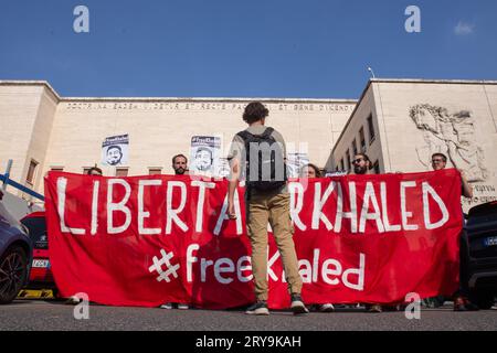 Rom, Italien. September 2023 28. Demonstration innerhalb der La Sapienza University of Rome, organisiert von Universitätsstudenten, um die Freilassung von Khaled El Qaisi zu beantragen (Foto: Matteo Nardone/Pacific Press/SIPA USA) Credit: SIPA USA/Alamy Live News Stockfoto
