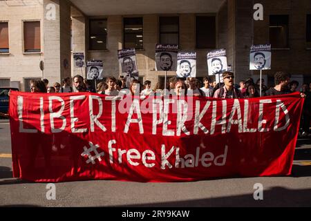 Rom, RM, Italien. September 2023 28. Demonstration in der La Sapienza Universität Rom, organisiert von Studenten der Universität, um die Veröffentlichung von Khaled El Qaisi zu bitten (Credit Image: © Matteo Nardone/Pacific Press via ZUMA Press Wire) NUR REDAKTIONELLE VERWENDUNG! Nicht für kommerzielle ZWECKE! Stockfoto