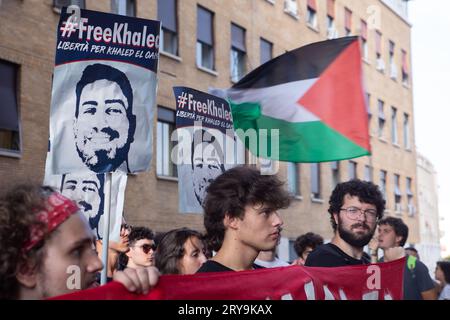 Rom, RM, Italien. September 2023 28. Demonstration in der La Sapienza Universität Rom, organisiert von Studenten der Universität, um die Veröffentlichung von Khaled El Qaisi zu bitten (Credit Image: © Matteo Nardone/Pacific Press via ZUMA Press Wire) NUR REDAKTIONELLE VERWENDUNG! Nicht für kommerzielle ZWECKE! Stockfoto