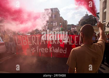 Rom, RM, Italien. September 2023 28. Demonstration in der La Sapienza Universität Rom, organisiert von Studenten der Universität, um die Veröffentlichung von Khaled El Qaisi zu bitten (Credit Image: © Matteo Nardone/Pacific Press via ZUMA Press Wire) NUR REDAKTIONELLE VERWENDUNG! Nicht für kommerzielle ZWECKE! Stockfoto