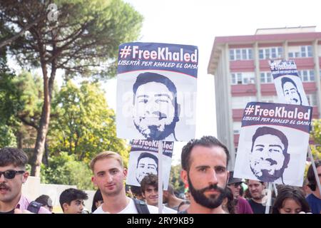 Rom, RM, Italien. September 2023 28. Demonstration in der La Sapienza Universität Rom, organisiert von Studenten der Universität, um die Veröffentlichung von Khaled El Qaisi zu bitten (Credit Image: © Matteo Nardone/Pacific Press via ZUMA Press Wire) NUR REDAKTIONELLE VERWENDUNG! Nicht für kommerzielle ZWECKE! Stockfoto