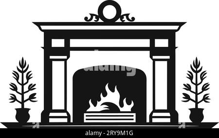 Weihnachten Kamin brennen mit Socke und Geschenk Dekoration Linie Kunst Vektor Illustration. Lineares xmasbrick Kamin Zeichnung Stock Vektor