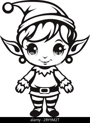 Süße Karikatur Weihnachtself Malseite. Weihnachten Schwarz-weiß-Vektor-Illustration für ein Malbuch Stock Vektor