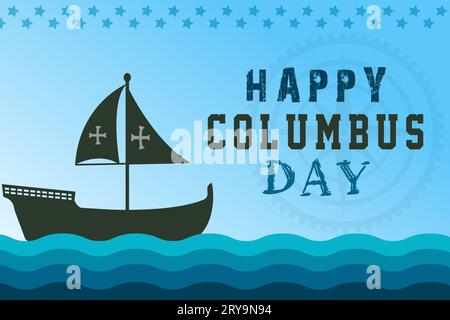 Glückwunschkarte zum Columbus-Tag mit Segelschiff. Christopher Columbus National USA Holiday Banner mit amerikanischer Flagge, Meereswellen, Steer Wh Stock Vektor