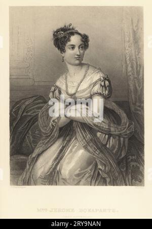 Elizabeth Patterson Bonaparte, amerikanische Sozialistin, 1785-1879. Sie war die Tochter eines Kaufmanns aus Baltimore und die erste Ehefrau von Jérôme Bonaparte, Napoleons jüngstem Bruder. Stahlstich von H. B. Hall nach einem Porträt von Jules Champagne aus Frank B. Goodrichs The Court of Napoleon or Society Under the First Empire, J. B. Lippincott, Philadelphia, 1875. Stockfoto