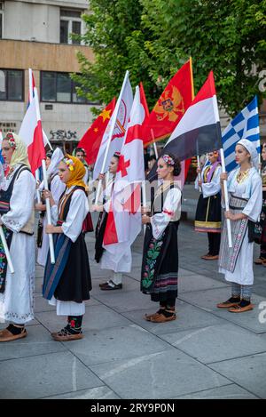 Eröffnungszeremonie des internationalen Folklore-Festivals auf dem Platz der Republik in Belgrad, Serbien, am 11. August 2023 Stockfoto