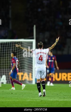 Barcelona, Spanien. September 2023 29. Sergio Ramos vom FC Sevilla reagiert auf ein Fußballspiel der La Liga zwischen dem FC Barcelona und dem FC Sevilla in Barcelona, Spanien, am 29. September 2023. Quelle: Joan Gosa/Xinhua/Alamy Live News Stockfoto