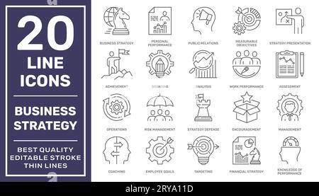 Positionssymbole Für Geschäftsstrategie Festgelegt. Symbolsatz für kreative Geschäftslösungen. Management des Innovationsteams. Bearbeitbare Kontur. EPS 10 Stock Vektor
