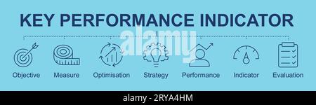 Symbole für wichtige Leistungsindikatoren mit Zielsetzung, Messung, Optimierung, Strategie, Leistung, Indikator, Bewertung Stock Vektor