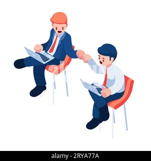 Flache isometrische 3D-Geschäftsleute, die an einem Laptop arbeiten und sich gegenseitig eine Faust geben. Teamwork und Business Collaboration-Konzept. Stock Vektor