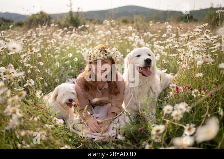 Weibliche Hunde Wiesen-Kamille. Die Frau umarmt ihre pelzigen Freunde auf einem ruhigen Kamillenfeld, umgeben von üppigem Grün. Ein herzerwärmendes Liebesbeweis Stockfoto