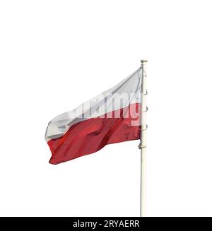 Warschau, Polen. April, 2019. Die polnische Flagge schwenkten auf einen blauen Himmel Stockfoto