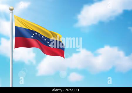 Wehende Flagge Venezuelas auf Himmelshintergrund. Vorlage für Poster zum Unabhängigkeitstag Stock Vektor