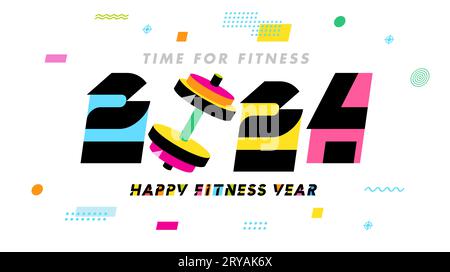 Happy Fitness Year 2024, Time for Fitness - letterig Concept. Gym-Geräte-Hantel im memphis-Stil mit farbigen, flachen, großen 2024 Buchstaben für Webpost Stock Vektor