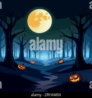 Halloween-Szene. Nacht geheimnisvoller Nebelwald mit glühenden Kürbissen vor dem Hintergrund des Vollmonds, Vektorillustration von halloween Stock Vektor