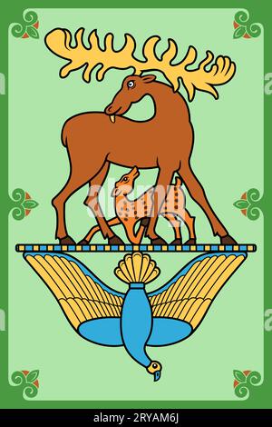 ELK mit Kalb und Taube. Altes Skythisches Symbol. Vektorillustration, Poster. Stock Vektor