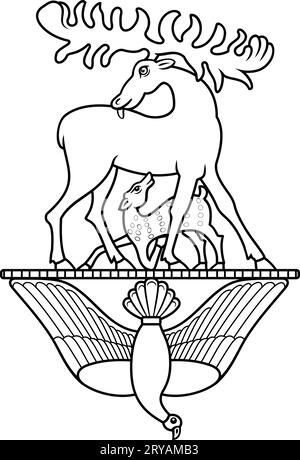 ELK mit Kalb und Taube. Altes Skythisches Symbol. Konturvektor-Clipart. Malseite. Stock Vektor