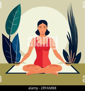 Mädchen im Yoga-Lotus übt Meditation. Vektorillustration flach. Verwendung in Webprojekten und -Anwendungen. Auf farbigem Hintergrund das Konzept der Gesundheit Stock Vektor