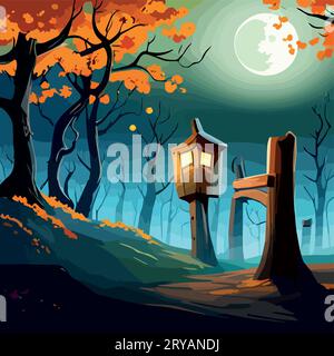 Halloween Kürbisse und Silhouetten Bäume im dunklen Nachtwald mit blauem Nebel. Fantastische geheimnisvolle Landschaft. Nebeliger Waldhintergrund. Paranormales, mystisches Konzept. Vektorillustration. Stock Vektor