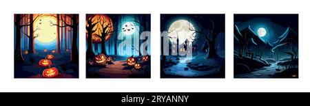 Banner für die gruselige Kürbisszene an Halloween setzen. Gruseliger Wald im oktober dunkle Nacht Herbst düstere Herbstlandschaft gruselige Herbstlandschaft. Happy Halloween Outdoor Backdrop Concept Vector Illustration Stock Vektor