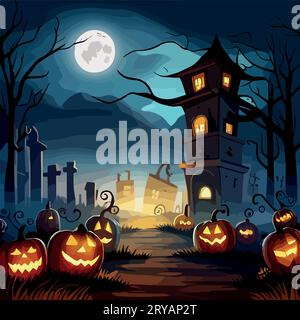 Halloween-Traditionssymbole. Kürbisse und dunkler Wald auf blauem Mondhintergrund, Vektorillustration. Stock Vektor