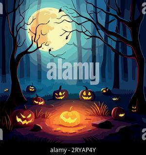 Halloween-Szene. Nacht geheimnisvoller Nebelwald mit glühenden Kürbissen vor dem Hintergrund des Vollmonds, Vektorillustration von halloween Stock Vektor