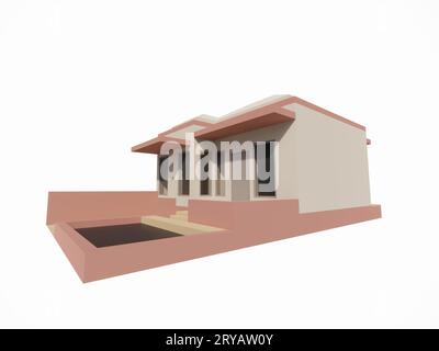 3D-Architekturmodell des Äußeren eines minimalistischen weiß-braun-rosa Hauses Stockfoto